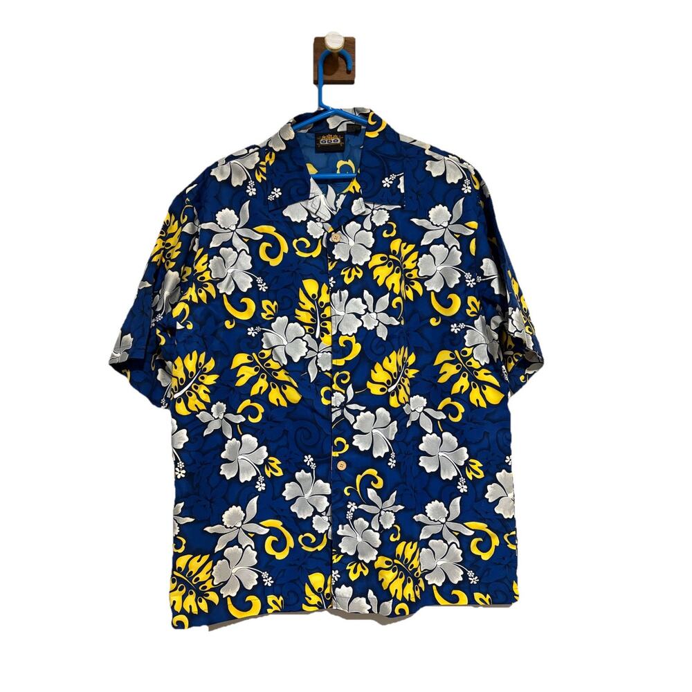 Vintage ODO Hawaiian Shirt Men's Size XL Blue Floral Button Short Sleeve